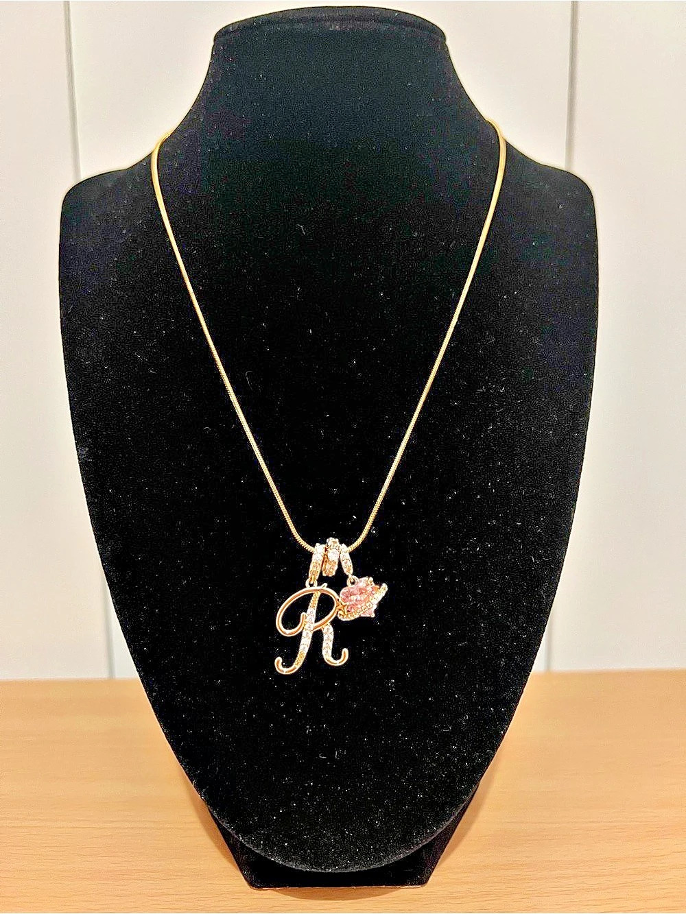 Rhinestone Initial R Pendant Necklace in Gold & Pink